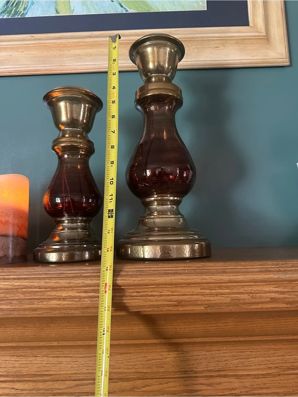 Brass and Amber Glass Candle Holders with Brown Gradient Pillar LED Candles
